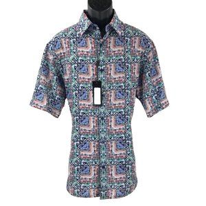 Bassiri Men's Casual Button-Down Shirt Short Sleeve Blue Green White Orange